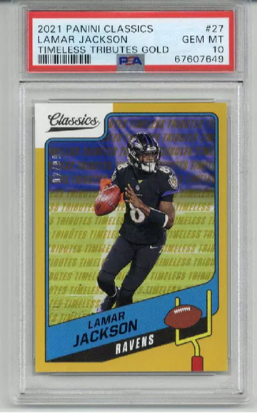 2021 PANINI CLASSICS TIMELESS TRIBUTES GOLD LAMAR JACKSON /99 PSA 10