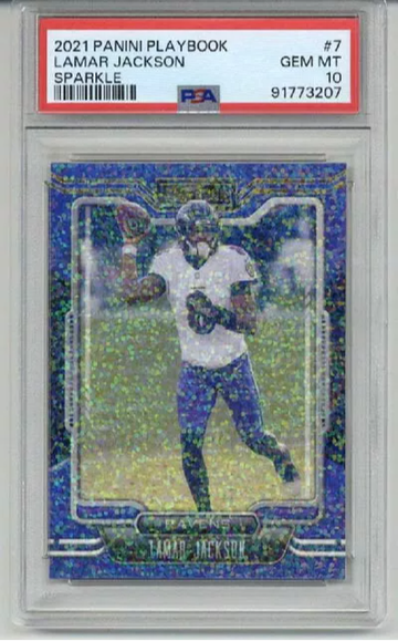 2021 PANINI PLAYBOOK SPARKLE #7 LAMAR JACKSON RAVENS PSA 10 LOW POP 10 RARE
