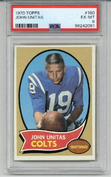 1970 TOPPS #180 JOHNNY UNITAS FOOTBALL CARD BALTIMORE COLTS PSA 6 EXCELLENT MINT