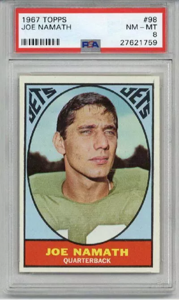 1967 TOPPS #98 JOE NAMATH FOOTBALL CARD NEW YORK JETS PSA 8 NM-MT CENTERED RARE