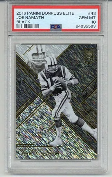 2016 PANINI DONRUSS ELITE BLACK #48 JOE NAMATH CARD JETS /199 PSA 10 LOW POP