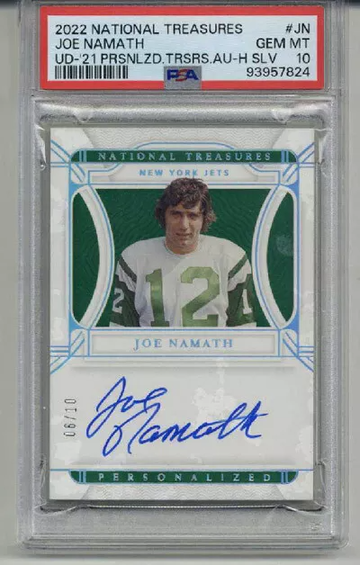 2022 PANINI NATIONAL TREASURES PERSONALIZED SIL AUTO JOE NAMATH /10 PSA 10