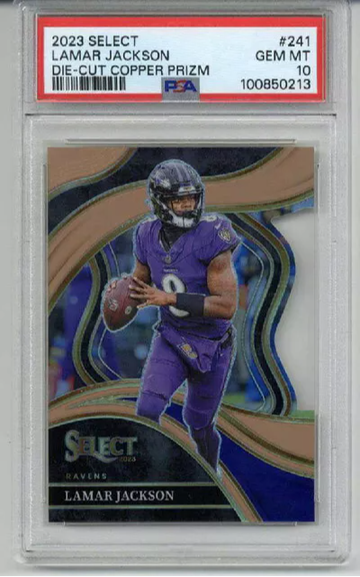 2023 PANINI SELECT DIE CUT COPPER PRIZM #241 LAMAR JACKSON /299 RAVENS PSA 10