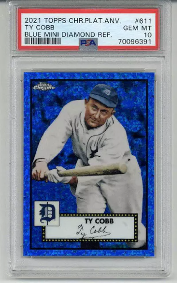 2021 TOPPS CHROME PLATINUM ANNIVERSARY BLUE DIAMOND REFRACTOR TY COBB PSA 10