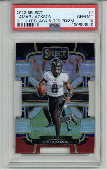 2023 PANINI SELECT DIE CUT BLACK & RED PRIZM #7 LAMAR JACKSON CARD PSA 10
