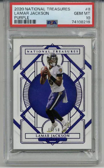 2020 PANINI NATIONAL TREASURES PURPLE #8 LAMAR JACKSON /50 PSA 10 LOW POP