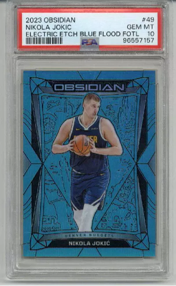 2023 PANINI OBSIDIAN E/E BLUE FLOOD FOTL NIKOLA JOKIC /16 NUGGETS PSA 10