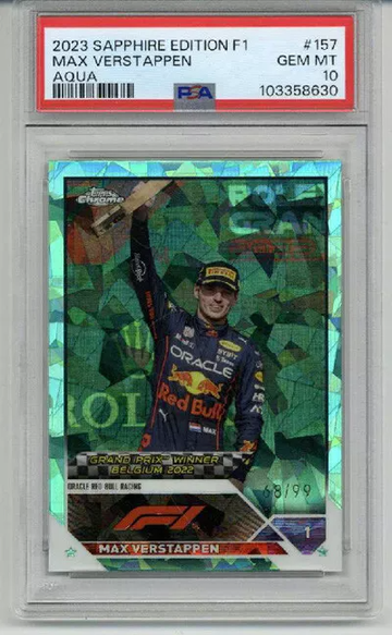 2023 TOPPS CHROME SAPPHIRE EDITION F1 AQUA #157 MAX VERSTAPPEN /99 PSA 10