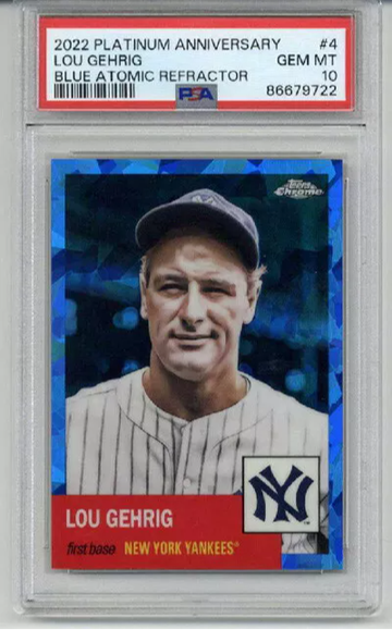 2022 TOPPS CHROME PLATINUM AN BLUE ATOMIC REFRACTOR LOU GEHRIG /100 PSA 10
