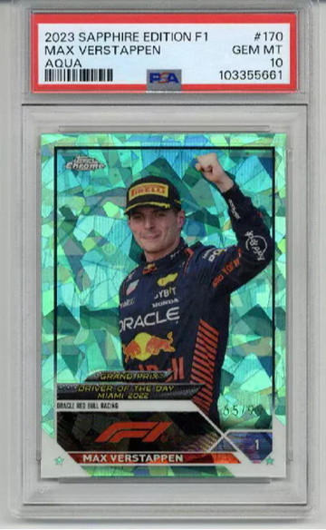 2023 TOPPS CHROME SAPPHIRE EDITION F1 AQUA #170 MAX VERSTAPPEN /99 PSA 10