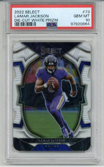 2022 PANINI SELECT DIE CUT WHITE PRIZM #73 LAMAR JACKSON /99 PSA 10