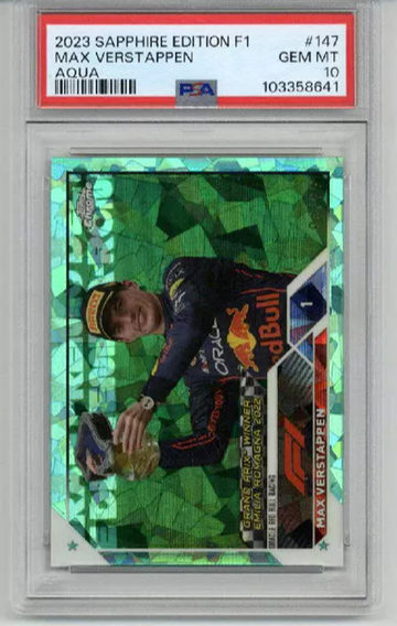 2023 TOPPS CHROME SAPPHIRE EDITION F1 AQUA #147 MAX VERSTAPPEN /99 PSA 10
