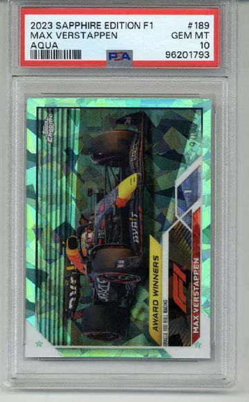 2023 TOPPS CHROME SAPPHIRE EDITION F1 AQUA #189 MAX VERSTAPPEN /99 PSA 10