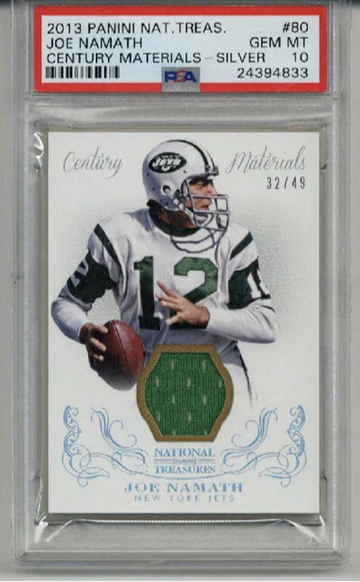 2013 PANINI NATIONAL TREASURES CENTURY MATERIALS #80 JOE NAMATH /49 PSA 10