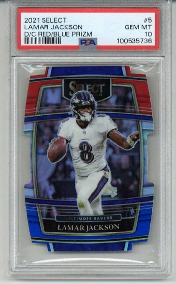 2021 PANINI SELECT DIE CUT RED BLUE PRIZM #5 LAMAR JACKSON RAVENS PSA 10