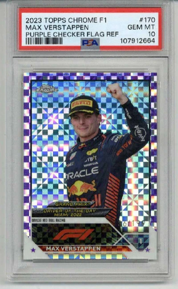 2023 TOPPS F1 PURPLE CHECKER FLAG REFRACTOR MAX VERSTAPPEN /199 PSA 10