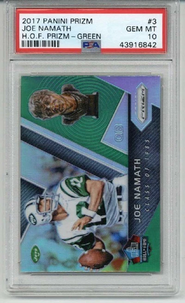 2017 PANINI PRIZM HOF PRIZM GREEN #9 JOE NAMATH CARD JETS PSA 10 LOW POP