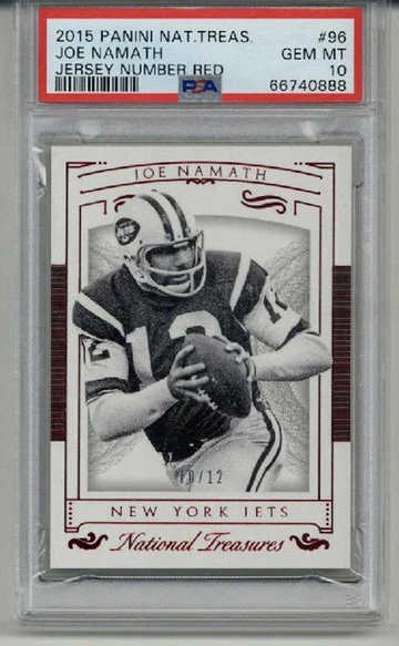2015 PANINI NATIONAL TREASURES JERSEY NUMBER RED #96 JOE NAMATH /12 PSA 10