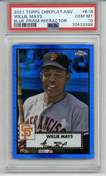 2021 TOPPS PLATINUM ANNIVERSARY BLUE PRISM REFRACTOR #618 WILLIE MAYS PSA 10