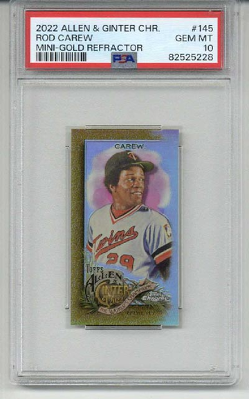 2022 TOPPS ALLEN & GINTER CHROME MINI GOLD REFRACTOR #145 ROD CAREW TWINS PSA 10