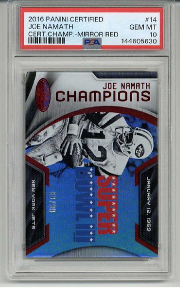 2016 PANINI CERTIFIED CHAMPIONS MIRROR RED JOE NAMATH JETS /99 PSA 10 LOW POP