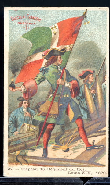 Antique 1880s French Trade Card Chocolat François #27 Régiment du Roi Flag 1670