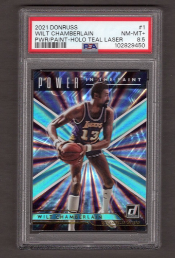 2021 Donruss Power in the Paint Holo Teal Laser #1 Wilt Chamberlain PSA 8.5