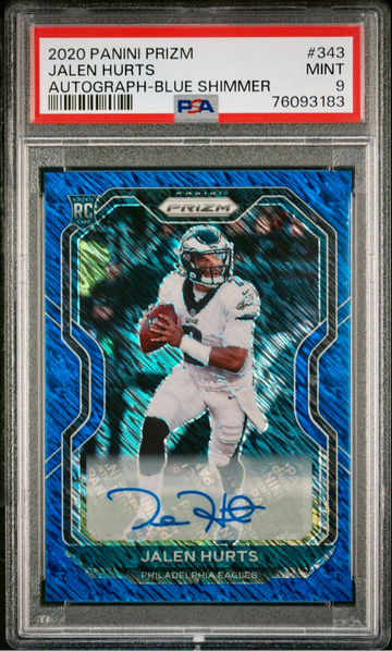 2020 PANINI PRIZM JALEN HURTS AUTOGRAPH-BLUE SHIMMER /25 PSA 9