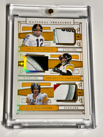 BRADSHAW ROETHLISBERGER RODGERS 2025 NATIONAL TREASURES GOLD PATCH /10 