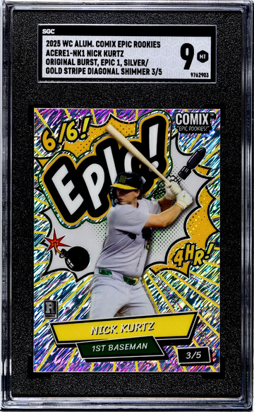 Nick Kurtz Rookie WildCard Alumination Comix Epic Rookies Burst Epic Silver/Gold Stripe Shimmer #/5 SGC 9