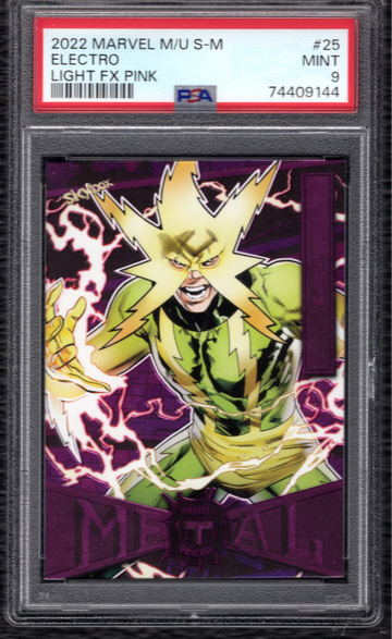 2022 Marvel Metal Spiderman Electro Pink /75 #25 PSA 8 Light FX