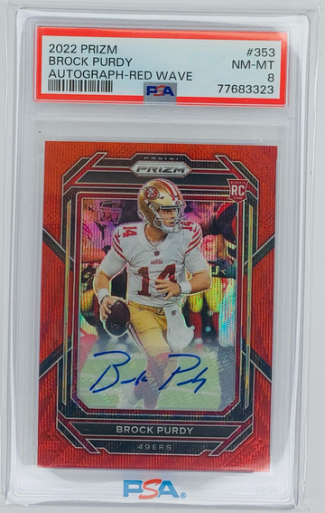 2022 Prizm Brock Purdy Red Wave Auto #14/149 PSA 8 Rookie Jersey Number!