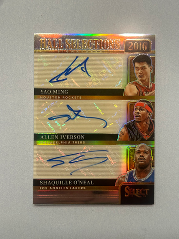 2023 Select Hall Selections Yao Ming Allen Iverson Shaquille O'Neal Triple Autograph 2016 Hall of Fame #HS-SYI