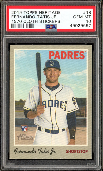 FERNANDO TATIS JR PSA 10 RC 2019 TOPPS HERITAGE 1970 CLOTH STICKERS #18 GEM MINT