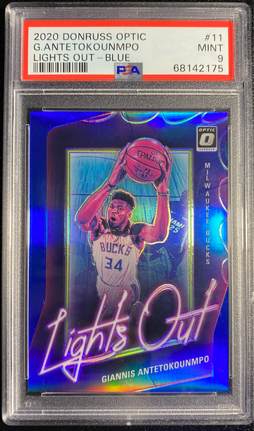 2020 Donruss Optic Giannis Antetokounmpo Lights Out- Blue /49 PSA 9