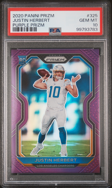 2020 PANINI PRIZM #325 JUSTIN HERBERT PURPLE PRIZM PSA 10