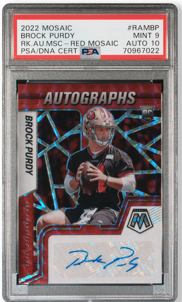 BROCK PURDY 2022 MOSAIC NFL FOOTBALL RAMBP ROOKIE AUTOGRAPHS RED - PSA 9 AUTO 10