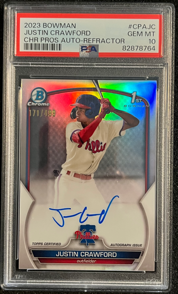 2023 bowman chrome 1st Justin Crawford #CPAJC refractor auto #171/499 PSA 10