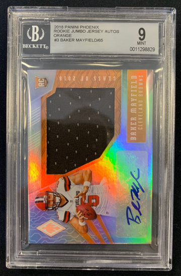 2018 Panini Phoenix Baker Mayfield Orange Autograph Jersey Rookie #/65 BGS 9