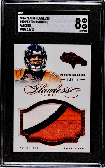 2014 Panini Flawless Peyton Manning Patches #52 Ruby 13/15 Game Worn 3 Clr SGC 8
