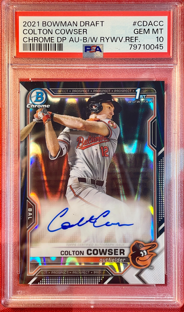 PSA 10 2021 Topps 1st Bowman Chrome Draft COLTON COWSER Black White Raywave Auto RC Card