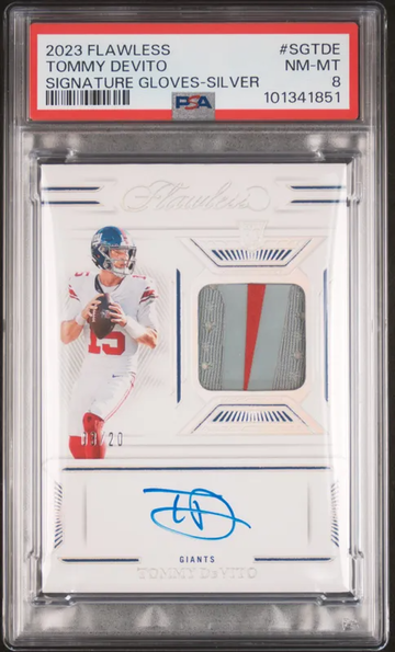 2023 Flawless Tommy Devito Rookie Signature Gloves Silver #3/20 - PSA 8