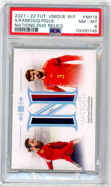 2021-22 Futera Unique Gerard Pique Sergio Ramos Nations Duo Game Used Patch 1/1 PSA 8