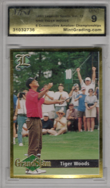 2001 Legends Sports Volume 13 Tiger Woods NNO 6 Consecutive Amateur Championships Mint Grading 9