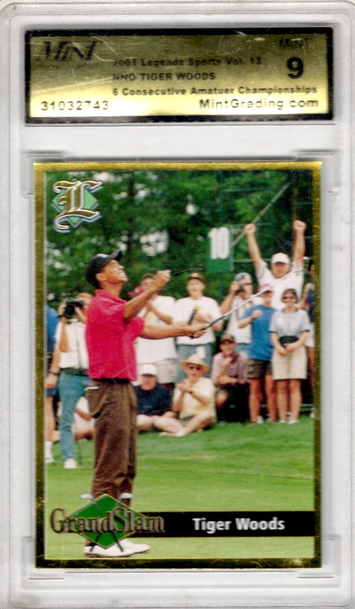 2001 Legends Sports Volume 13 Tiger Woods NNO 6 Consecutive Amateur Championships Mint Grading 9