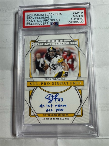 2020 National Treasures All Pro Sigs Troy Polamalu 1/1 Auto Inscription PSA 9