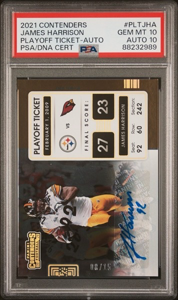 2021 Contenders Playoff Ticket Auto Gold /15 James Harrison Dual PSA 10 Auto 10