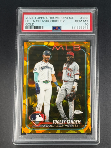 2024 Topps Chrome Sapphire Gold /50 Elly De La Cruz RC & Julio Rodriguez PSA 10