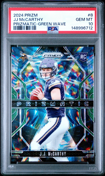 2024 Prizm Prizmatic Green Wave #8 JJ McCarthy RC Rookie Vikings PSA 10