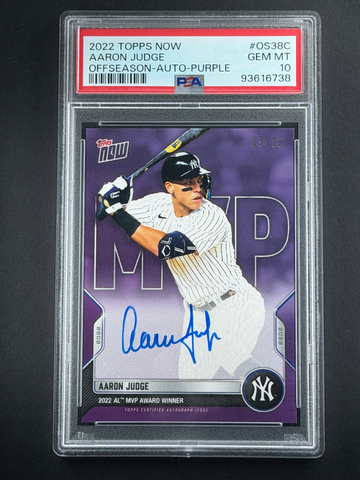 2022 Topps Now Aaron Judge MVP Award On Card Auto Purple /25 PSA 10 pop 3